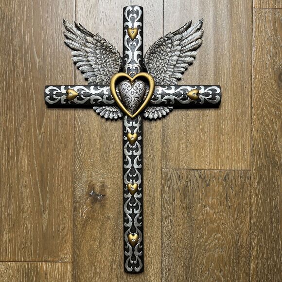 Angel Wings Cross Wall Hanging Resin Silver Gold Spiritual Religious Decor 20" - Picture 1 of 6